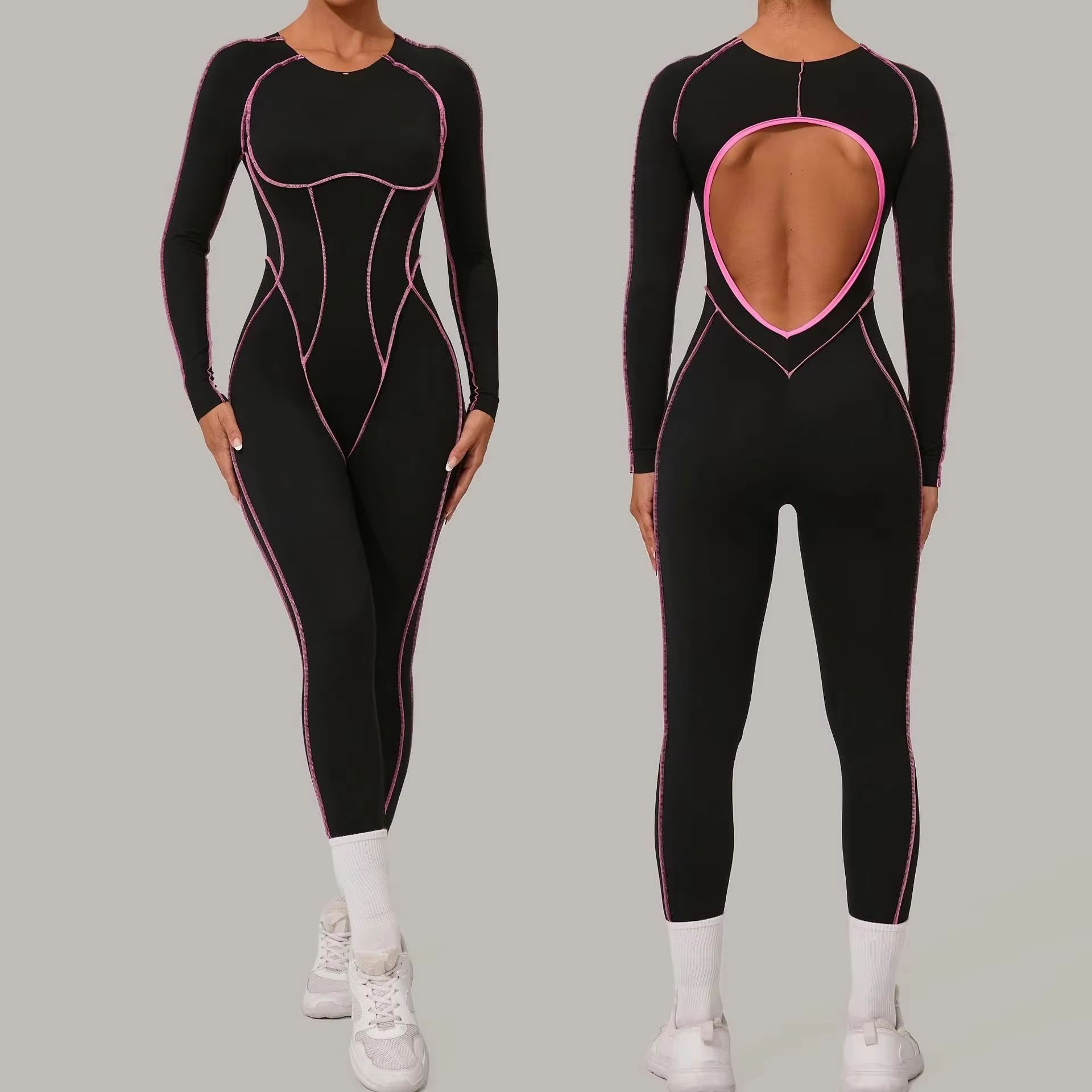 Yoga Fitness Online - ชุดโยคะ ชุดออกกำลังกาย ไร้รอยต่อ สีตัดกัน กางเกงรัดรูป ชุดโยคะแบบชิ้นเดียว